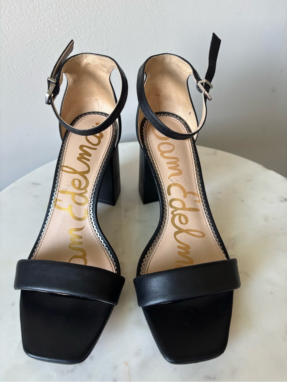 Sam Edelman Daniella black leather wristlet square toe block heel ankle strap